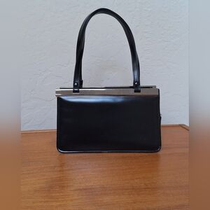 bebe Black Frame Bag Structured Baguette Top Handle Zip Leather Ladylike Retro